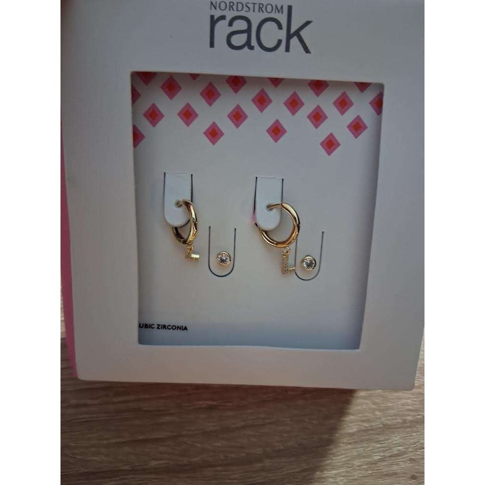 Nordstrom Rack Gold Tone Initial L Huggie Hoops and Cubic Zirconia Studs Set
